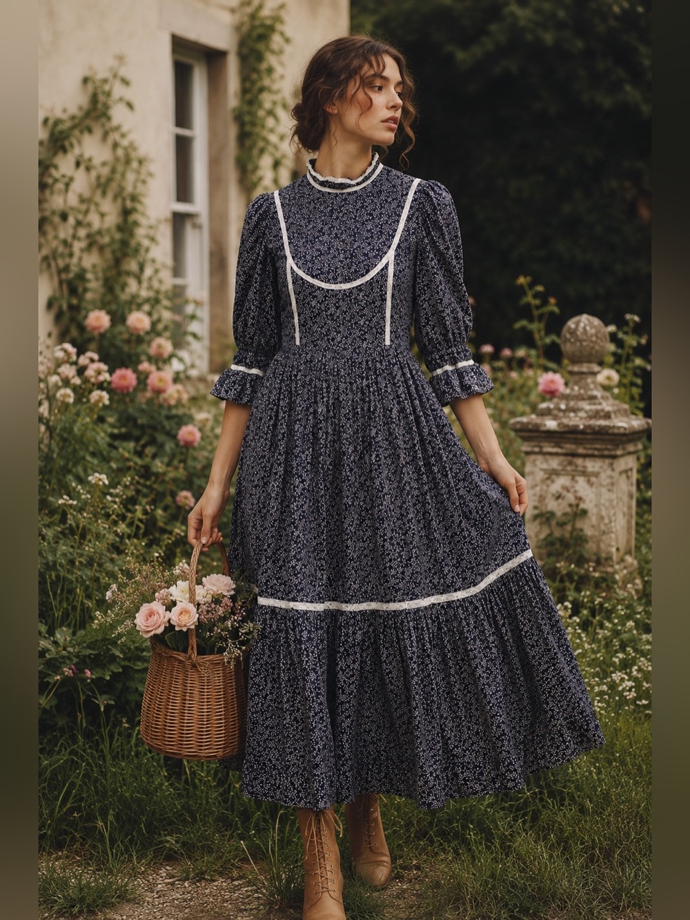 Meadows NWT Prairie Midi Dress Navy Floral Lace Cottagecore Romantic US 8